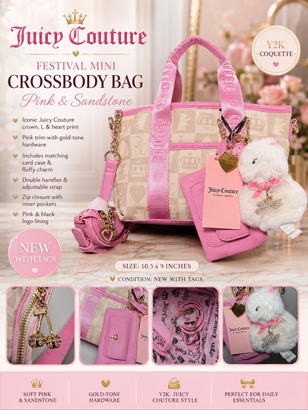 NEW Juicy Couture Festival Mini Crossbody Bag Pink & Sandstone